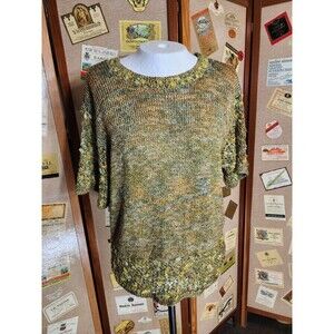 Vtg Short Sleeve Sweater Green Gold Unbranded Womens